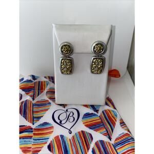 Brighton Silver & Gold Scroll Design Rectangle Post Earrings Like New Retired